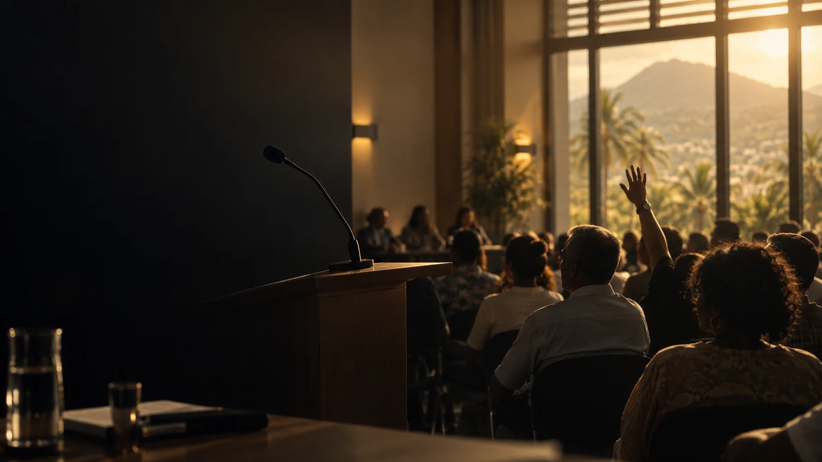 Réunion publique avec un micro au premier plan et une participante demandant la parole